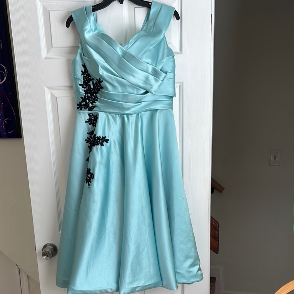 Elegant Aqua Dress with Black Floral Detail